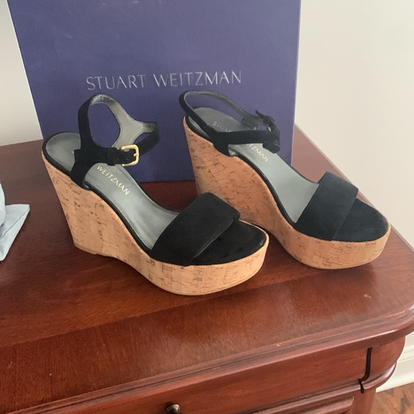 Authentic Stewart Weitzman women’s wedge sandal in black size 38/8B worn once - Picture 3 of 16